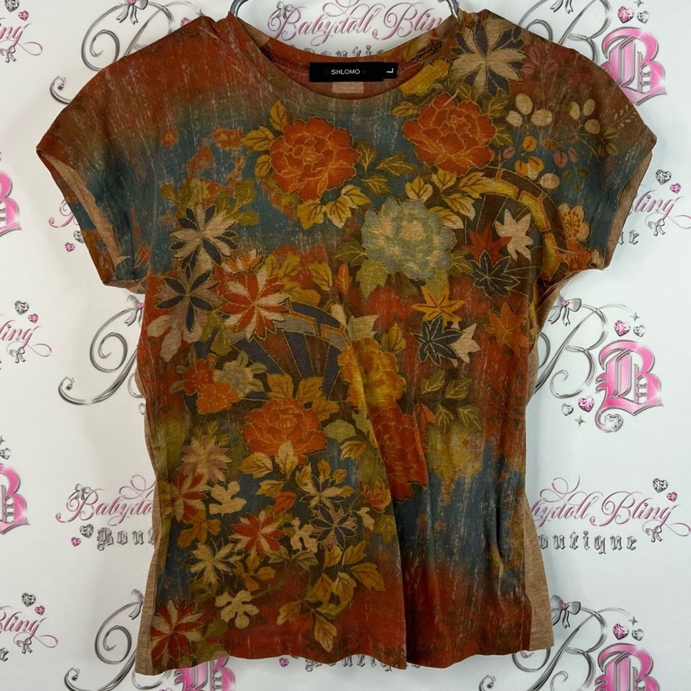 Shlomo tshirt tee abstract painting style Floral Short Sleeve Top - Multicolor